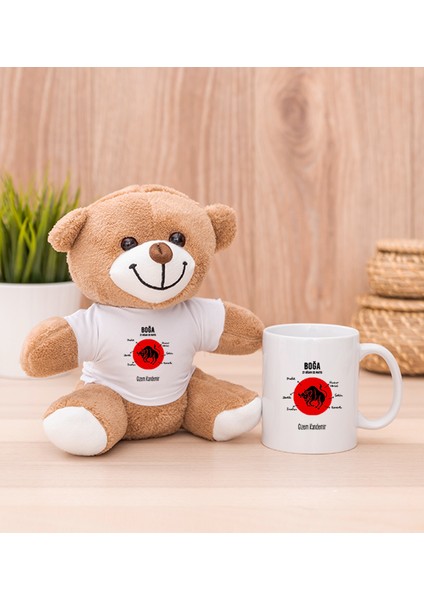 Kişiye Özel Boğa Burcuna Hediye Beyaz Kupa Bardak ve Peluş Ayıcık