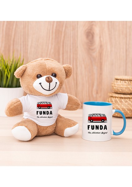 Kişiye Özel Vosvos Minibüs Tasarımlı Mavi Kupa Bardak ve Peluş Ayıcık