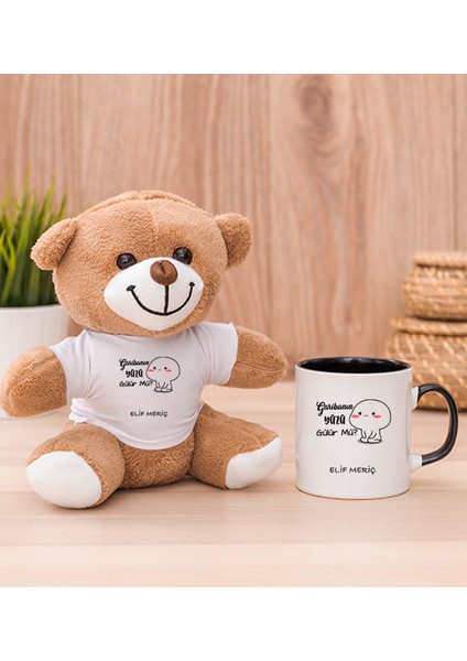 Kişiye Özel Garibanın Yüzü Gülür Mü Esprili Siyah Kupa Bardak ve Peluş Ayıcık