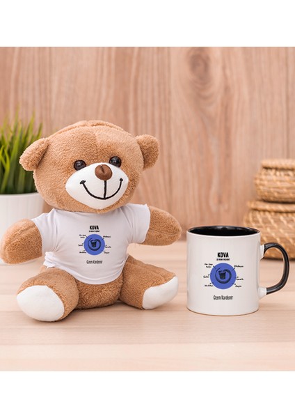 Kişiye Özel Kova Burcuna Hediye Siyah Kupa Bardak ve Peluş Ayıcık