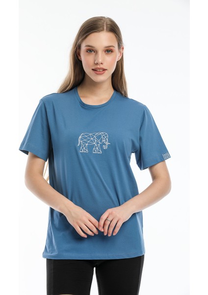 Kadın Mavi Fil Nakışlı %100 Pamuk Oversize T-Shirt