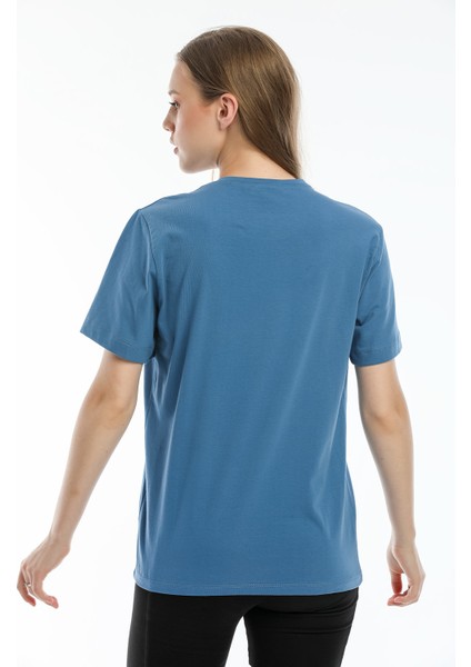 Kadın Mavi Fil Nakışlı %100 Pamuk Oversize T-Shirt modelleri