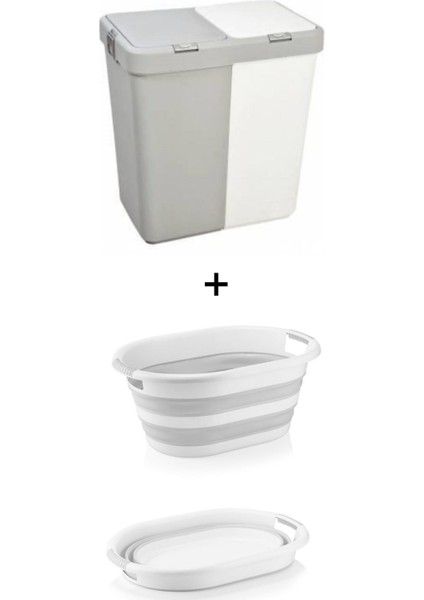 Gri Beyaz Motek Ikili Dokunmatik Kirli Çamaşır Sepeti +Katlanır Çamaşır Sepeti Çamaşır Selesi