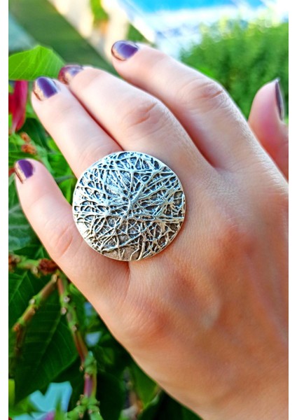 Antik Gümüş Kaplama Rölyef Şekilli El Yapımı Ayarlanabilir Yüzük