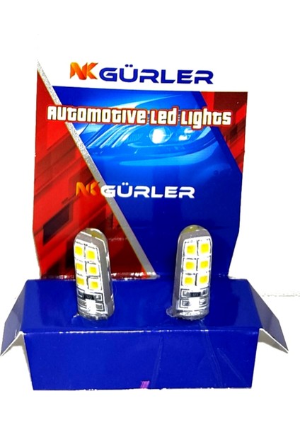 Gürler Oto Aksesuar 2 Adet T10 LED Ampül 12V 5W Beyaz Renk Park Plaka Tavan LED Işık 12 Ledli Silikonlu