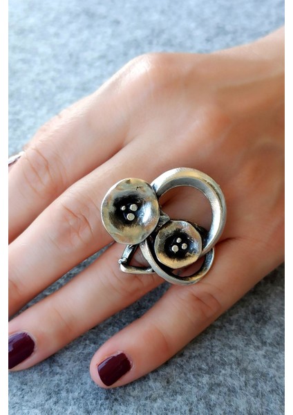 Antik Gümüş Kaplama Geometrik Şekilli El Yapımı Ayarlanabilir Yüzük