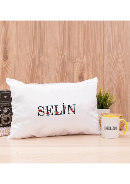 Kişiye Özel Çiçek Harf Tasarım Isim Yazılı Sarı Kupa Bardak ve Dikdörtgen Yastık