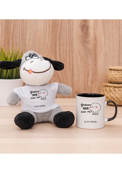 Kişiye Özel Garibanın Yüzü Gülür Mü Esprili Siyah Kupa Bardak ve Peluş Eşek