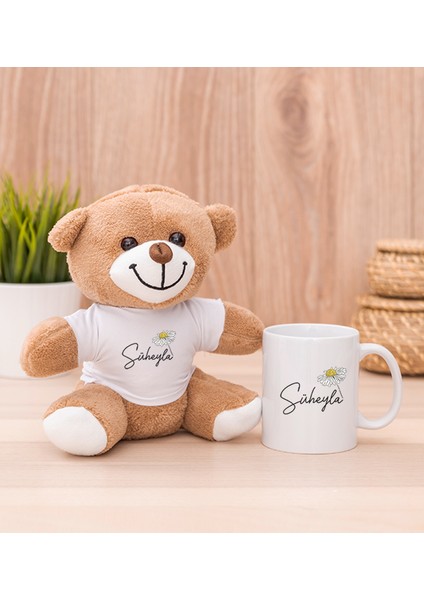 Kişiye Özel Papatya Tasarımlı Isimli Beyaz Kupa Bardak ve Peluş Ayıcık