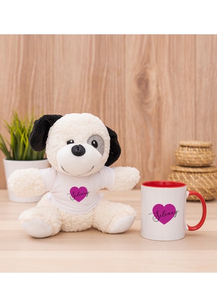 Kişiye Özel Mor Kalpli Isimli Beyaz Kupa Bardak ve Peluş Köpek
