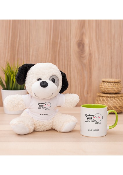 Kişiye Özel Garibanın Yüzü Gülür Mü Esprili Yeşil Kupa Bardak ve Peluş Köpek