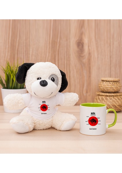 Kişiye Özel Boğa Burcuna Hediye Yeşil Kupa Bardak ve Peluş Köpek