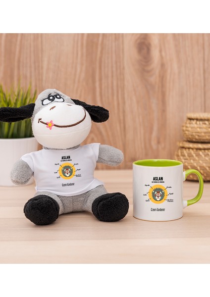 Kişiye Özel Aslan Burcuna Hediye Yeşil Kupa Bardak ve Peluş Eşek