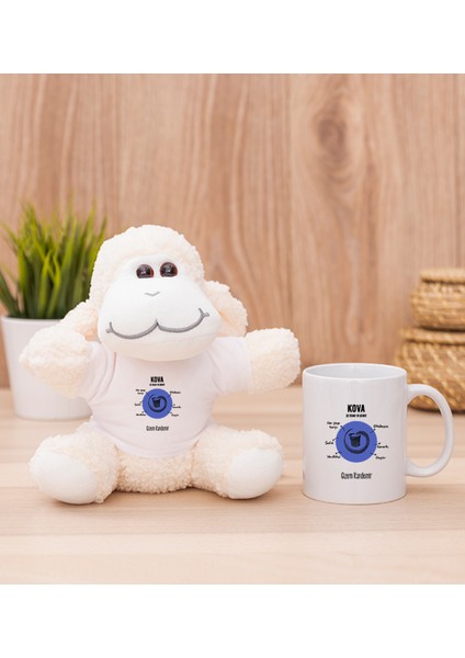 Kişiye Özel Kova Burcuna Hediye Beyaz Kupa Bardak ve Peluş Koyun