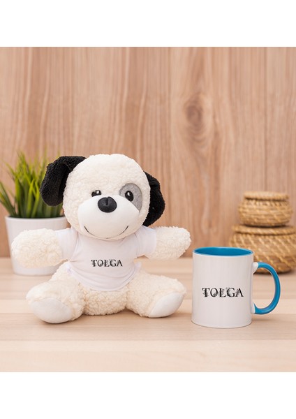 Kişiye Özel Çiçekli Harf Tasarım Isim Yazılı Mavi Kupa Bardak ve Peluş Köpek