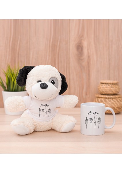 Kişiye Özel Karakalem Çizimli Çiçekler Beyaz Kupa Bardak ve Peluş Köpek
