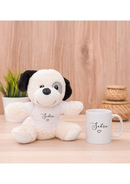 Kişiye Özel El Yazısı Tasarımlı Isimli Beyaz Kupa Bardak ve Peluş Köpek