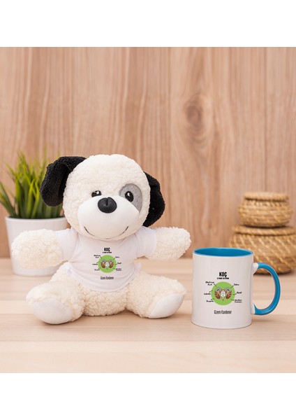Kişiye Özel Koç Burcuna Hediye Mavi Kupa Bardak ve Peluş Köpek