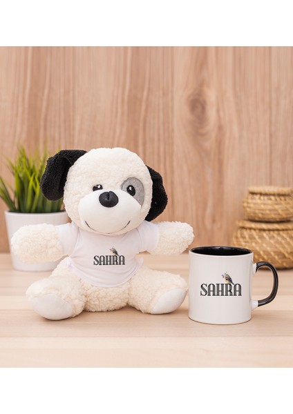 Kişiye Özel Minik Serçe Isim Yazılı Siyah Kupa Bardak ve Peluş Köpek