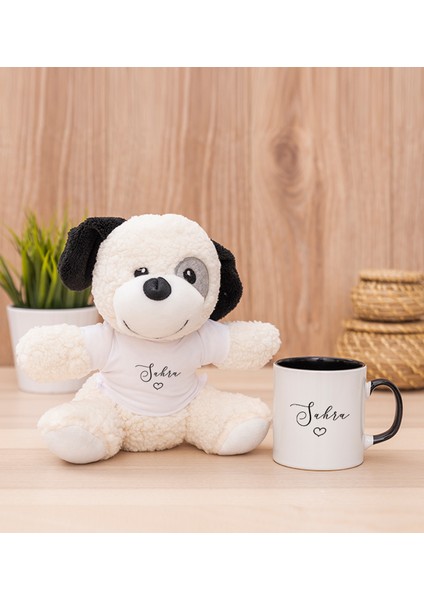Kişiye Özel El Yazısı Tasarımlı Isimli Siyah Kupa Bardak ve Peluş Köpek