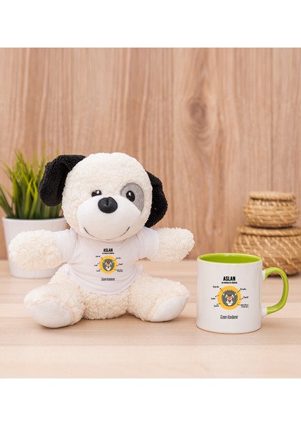 Kişiye Özel Aslan Burcuna Hediye Yeşil Kupa Bardak ve Peluş Köpek