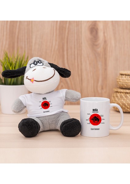 Kişiye Özel Boğa Burcuna Hediye Beyaz Kupa Bardak ve Peluş Eşek