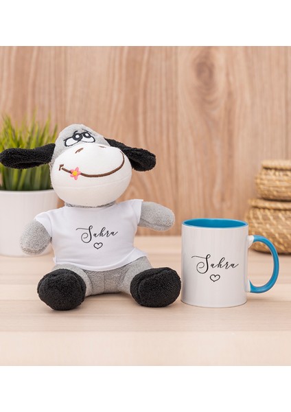 Kişiye Özel El Yazısı Tasarımlı Isimli Mavi Kupa Bardak ve Peluş Eşek