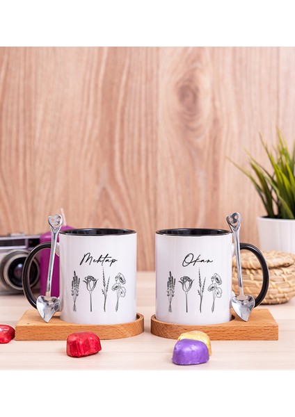 Kişiye Özel Karakalem Çizimli Çiçekler Ikili Ahşap Altlıklı Siyah Kupa Bardak