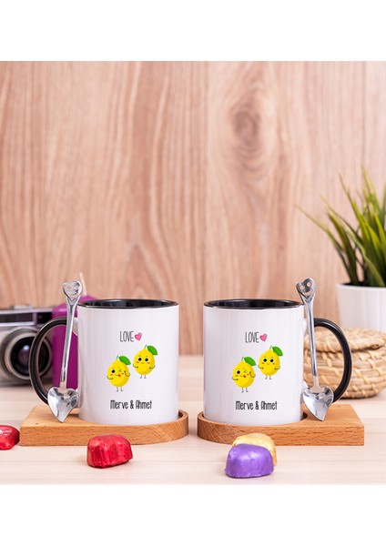 Kişiye Özel Sevimli Limonlar Ikili Ahşap Altlıklı Siyah Kupa Bardak