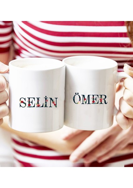 Kişiye Özel Çiçek Harf Tasarım Isim Yazılı Ikili Beyaz Kupa Bardak