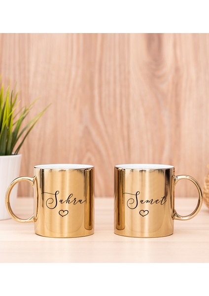 Kişiye Özel El Yazısı Tasarımlı Isimli Ikili Gold Kupa Bardak