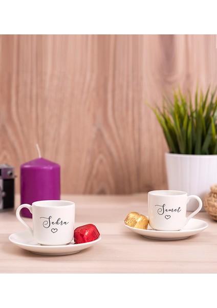 Kişiye Özel El Yazısı Tasarımlı Isimli Ikili Porselen Türk Kahvesi Fincanı