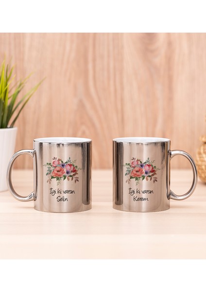 Kişiye Özel Çiçek Buketi Isimli Ikili Silver Kupa Bardak