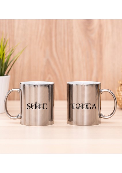 Kişiye Özel Çiçekli Harf Tasarım Isim Yazılı Ikili Silver Kupa Bardak