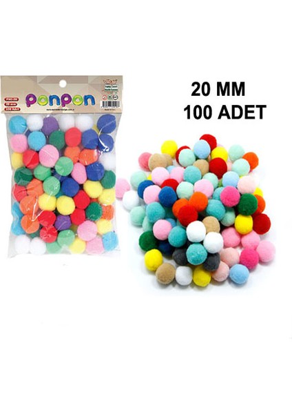 100 Adet, Ponpon, 20 mm Renkli Ponpon, Peluş Ponpon