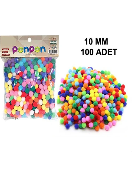 100 Adet, Ponpon, 10 mm Renkli Ponpon, Peluş Ponpon, Minik Ponpon