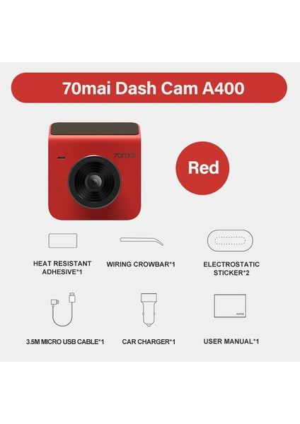 A400 Dashcam 1440P Quad Hd 2k 145° Açılı Gece Görüşlü Araç Kamerası Kırmızı