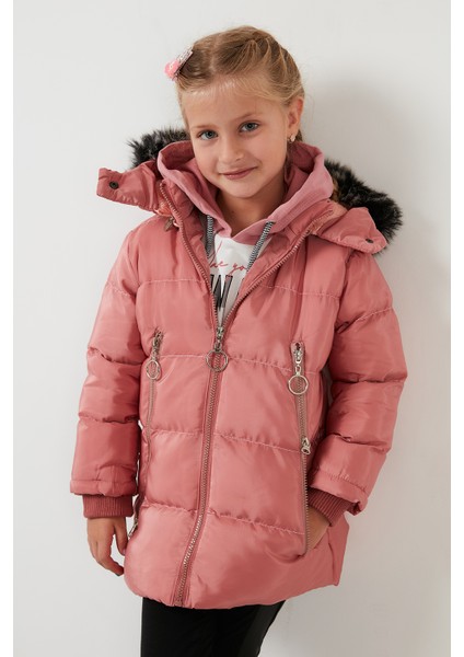 Tüylü Kapüşonlu Cepli Şişme Mont Kız Çocuk Mont 5766038 modelleri