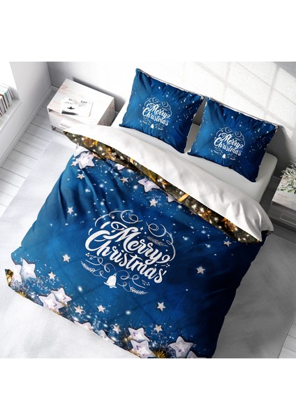 Yılbaşı Süsü Merry Christmas Çift Kişilik 3D Nevresim Takımı Pamuk Saten Blue Stars