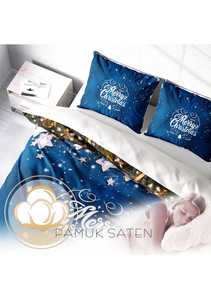 Yılbaşı Süsü Merry Christmas Çift Kişilik 3D Nevresim Takımı Pamuk Saten Blue Stars