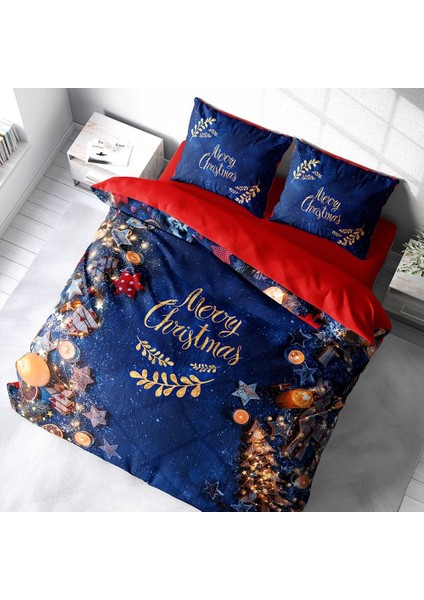 Yılbaşı Süsü Merry Christmas Çift Kişilik 3D Nevresim Takımı Pamuk Saten Blue