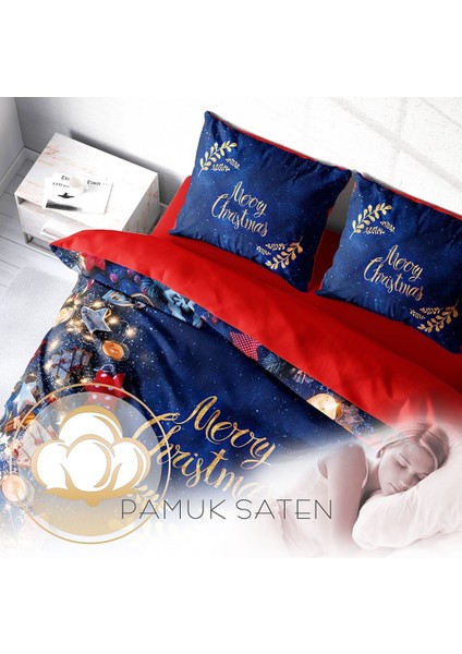 Yılbaşı Süsü Merry Christmas Çift Kişilik 3D Nevresim Takımı Pamuk Saten Blue fırsatları