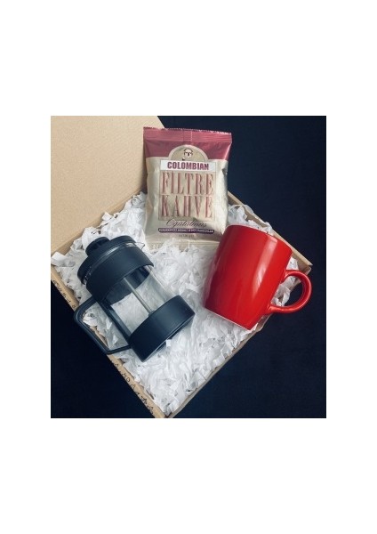 Colombian 80 gr & Siyah French Press & Kırmızı Kupa Bardak