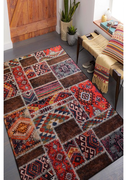 Dijital Baskılı Kaymaz Dot Taban Makinede Yıkanabilir Modern Patchwork Desenli Halı YOLLUK-D3009