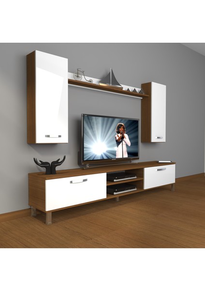 Eko 5d Mdf DVD Krom Ayaklı Tv Ünitesi Tv Sehpası Ceviz Beyaz