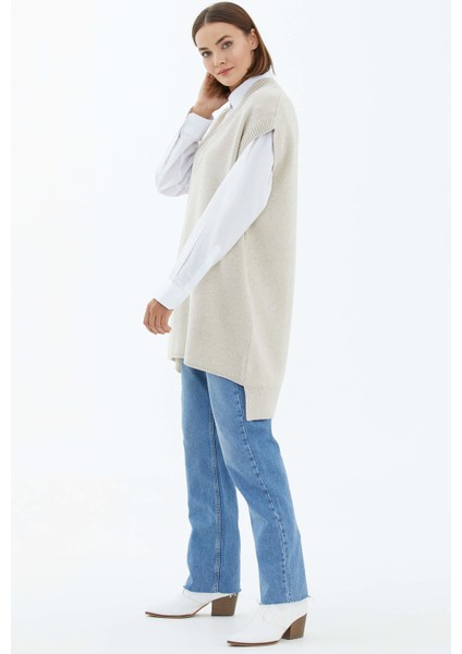 V Yaka Uzun Triko Süveter - Açık Bej modelleri