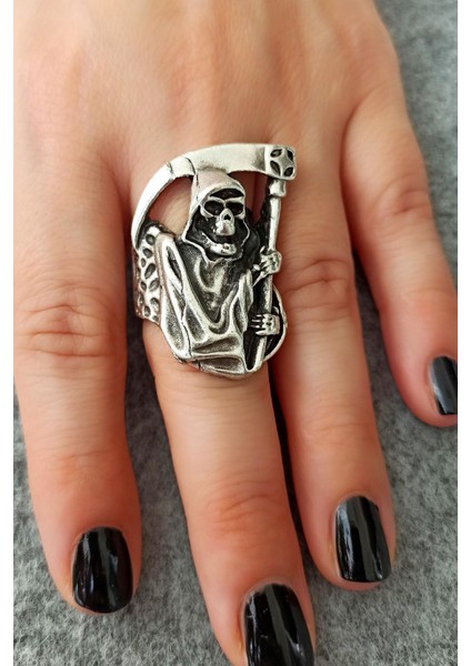 Antik Gümüş Kaplama Oraklı Kuru Kafa Şeytan Şekilli Ayarlanabilir Yüzük