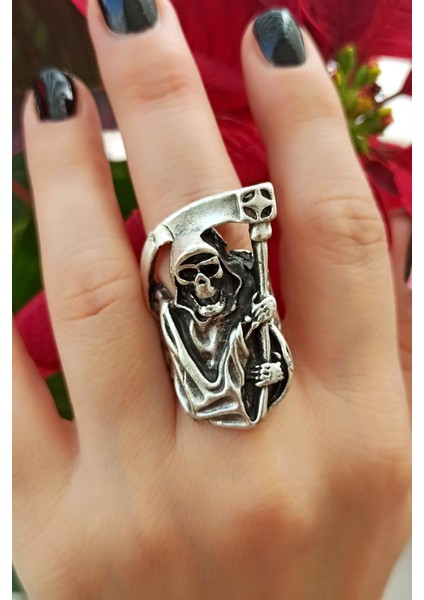 Antik Gümüş Kaplama Oraklı Kuru Kafa Şeytan Şekilli Ayarlanabilir Yüzük fiyatları