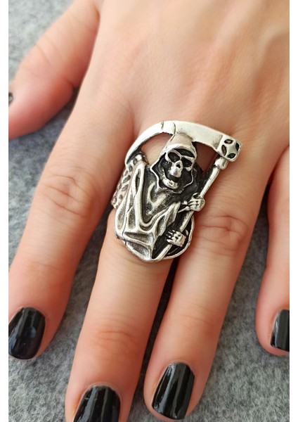 Antik Gümüş Kaplama Oraklı Kuru Kafa Şeytan Şekilli Ayarlanabilir Yüzük modelleri