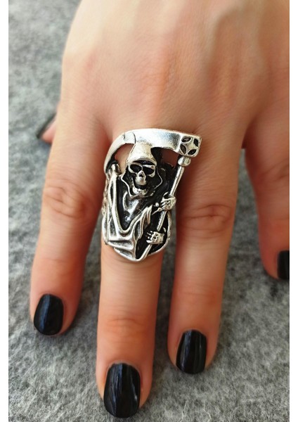 Antik Gümüş Kaplama Oraklı Kuru Kafa Şeytan Şekilli Ayarlanabilir Yüzük fırsatları